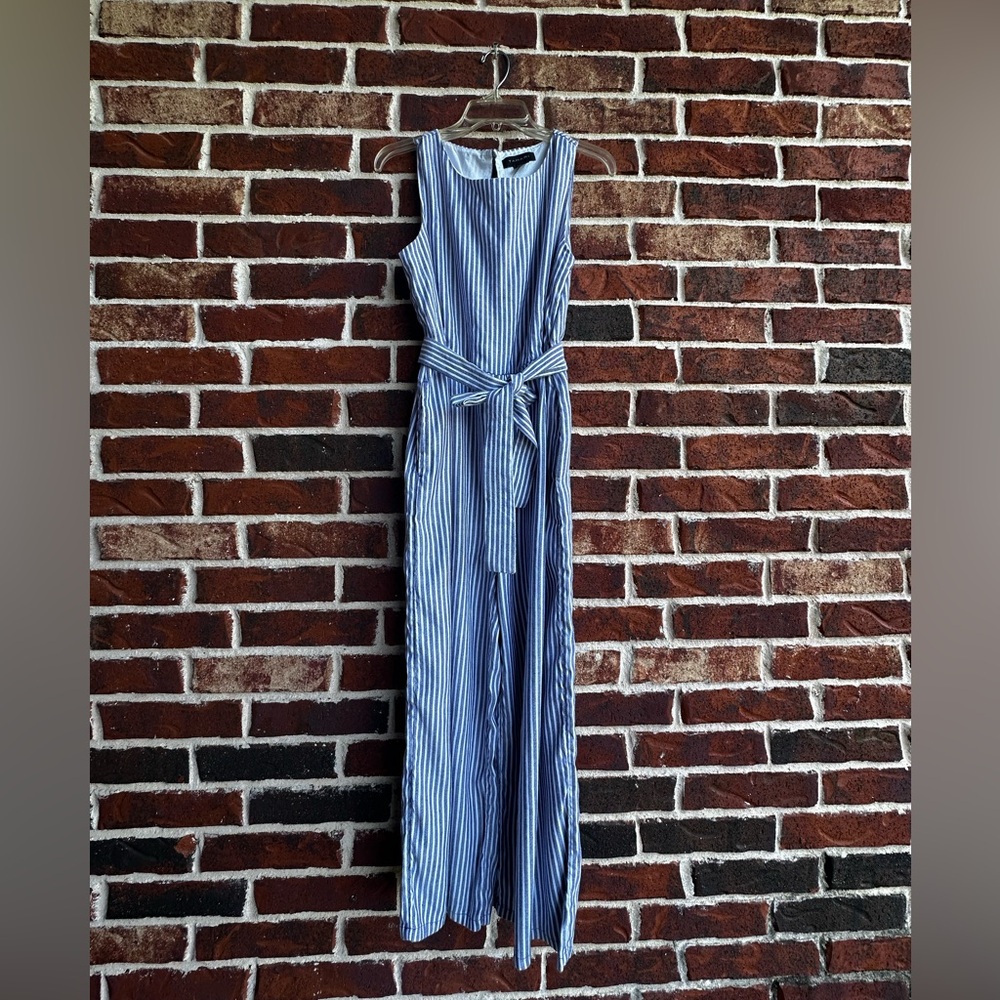 Tahari Blue and White Striped Tie-Waist Maxi Dress